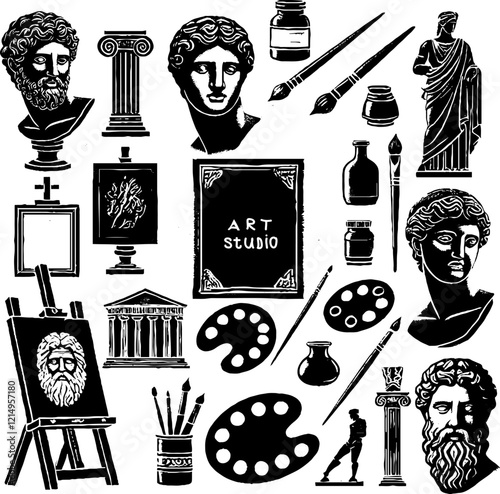 set of icons and image of silhouettes of attributes and artists of art studio of fine art