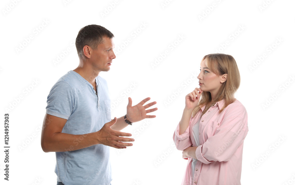 Man and woman talking on white background Man and woman talking on white background