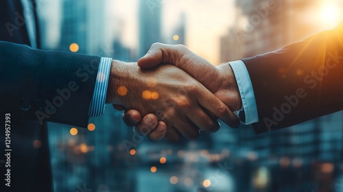 Business people handshake on city
