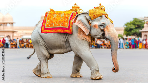 A decorated elephant walks gracefully in a vibrant setting, showcasing cultural significance and traditional attire.