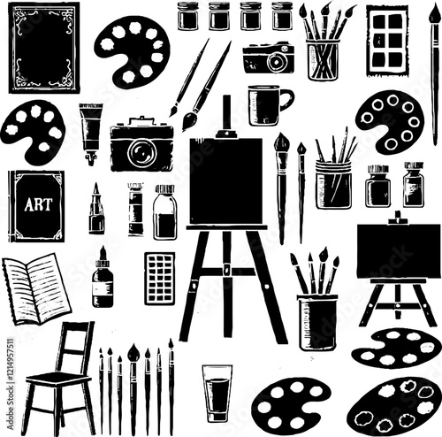 set of icons and image of silhouettes of attributes and artists of art studio of fine art