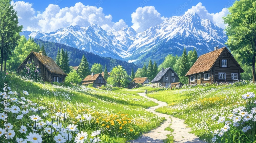 Obraz premium Charming Alpine Village Nestled in a Flower Filled Meadow with Snow Capped Mountains