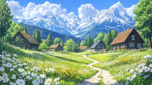 Charming Alpine Village Nestled in a Flower Filled Meadow with Snow Capped Mountains
