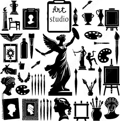set of icons and image of silhouettes of attributes and artists of art studio of fine art