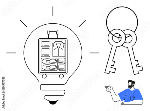 Lightbulb with packed suitcase, pair of keys, and a pointing man. Ideal for travel inspiration, packing efficiency, organization, adventure planning, creative thinking, unlocking potential