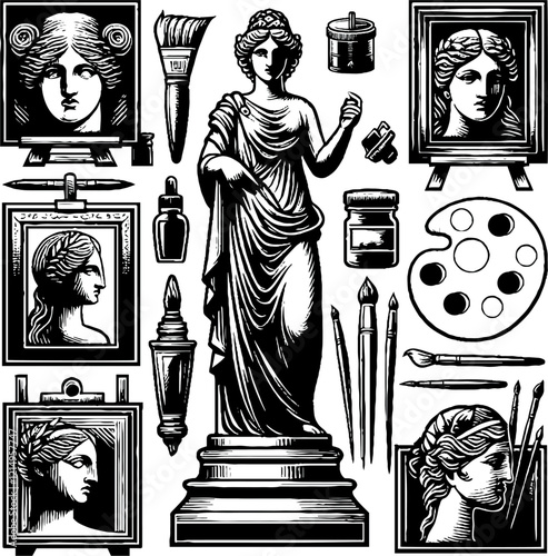 image of silhouettes of attributes and artists of art studio of fine art