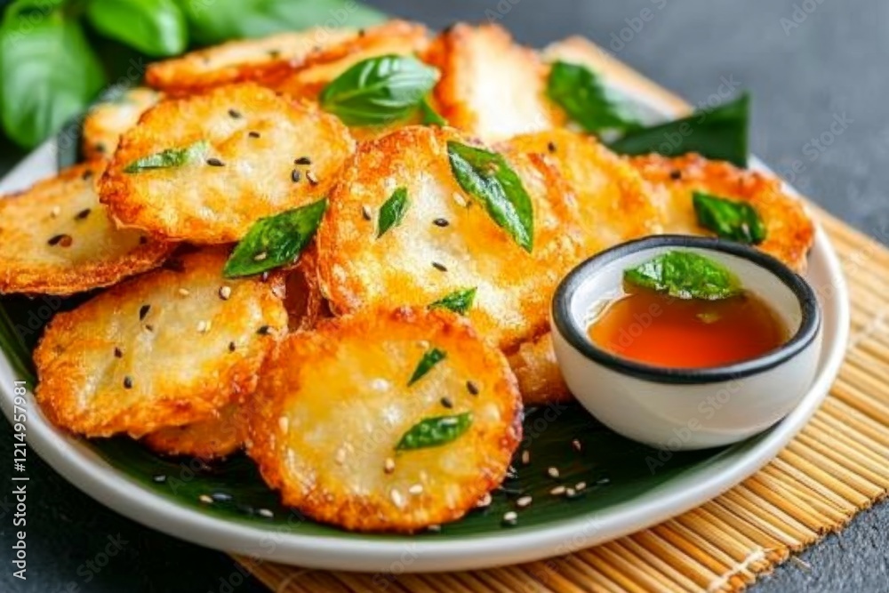 A plate of zucchini tempura, served with a side of soy sauce for dipping, presented on a bamboo mat A plate of zucchini tempura, served with a side of soy sauce for dipping, presented on a bamboo mat