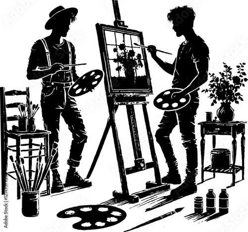 image of silhouettes of attributes and artists of art studio of fine art