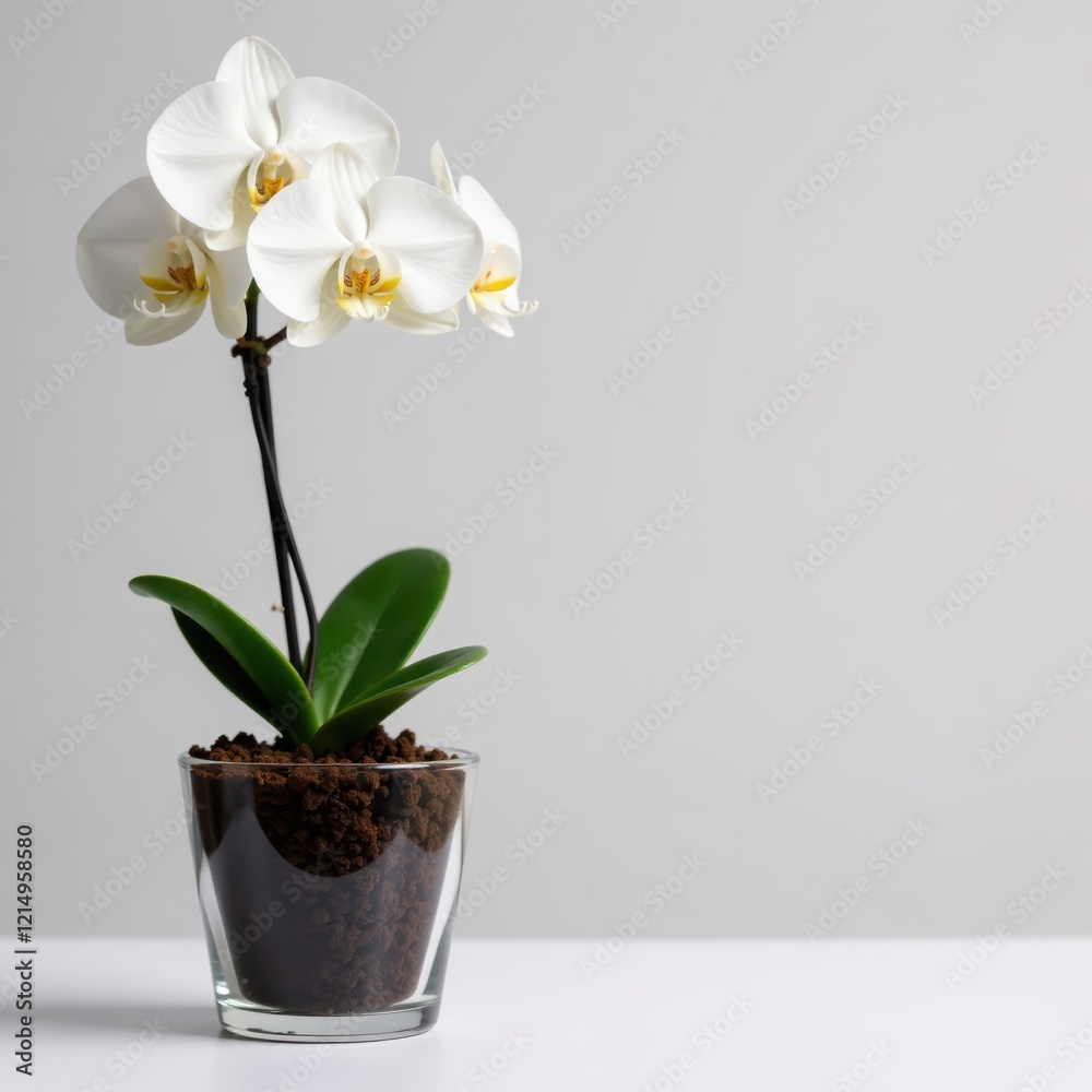 Small glass pot with a white orchid plant and blooming flowers, garden, white orchid, floral arrangement Small glass pot with a white orchid plant and blooming flowers, garden, white orchid, floral arrangement