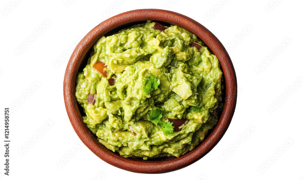 Bowl with guacamole isolated on white background, top view Bowl with guacamole isolated on white background, top view
