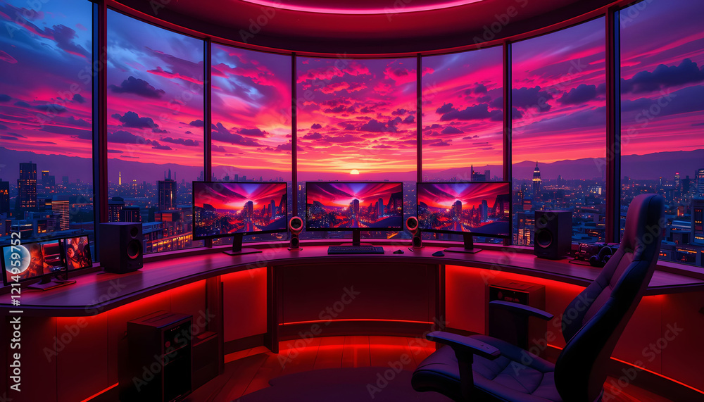 Fototapeta premium Futuristic Gaming Setup with Multiple Screens and High-Tech Graphics – Perfect for Tech Enthusiasts 