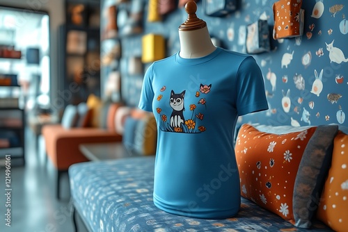 Blue t-shirt with dog design on mannequin.