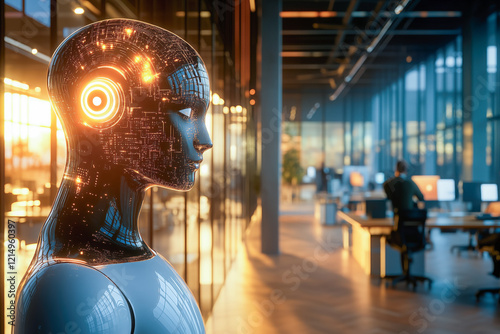 Innovative modern business office, new ways of working, innovation, digital, cyber, artificial intelligence revolution, agentic cybernetic robot colleague, career, job automation