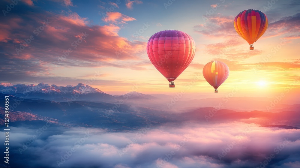 Fototapeta premium Colorful Hot Air Balloons Soaring Above a Misty Mountain Landscape at Sunrise