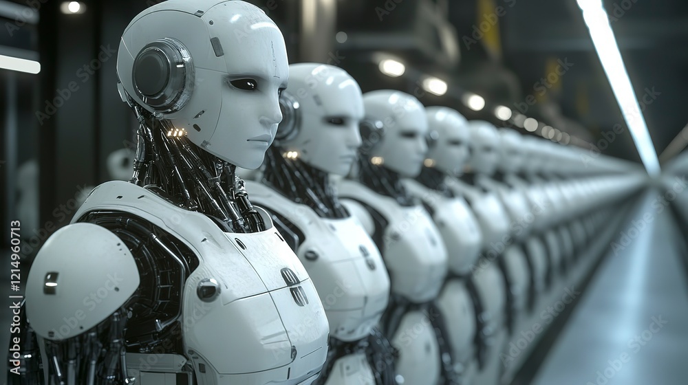 Fototapeta premium Robots support workers in assembly line tasks during the modern industrial workflow