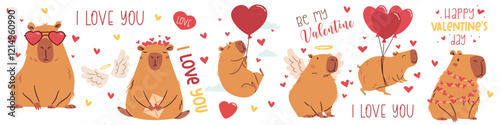 A set of flat vector illustrations in a simple children's style on the theme of valentine's day. Cute capybaras with hearts and wings on white background, captions. Vector illustration
