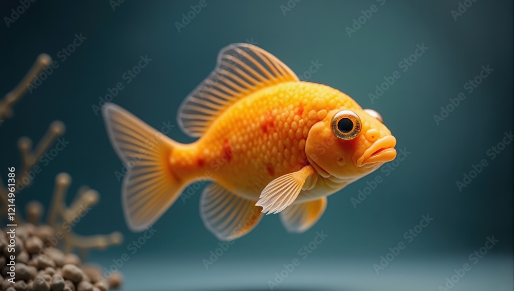 Orange Goldfish in Teal Water with Artificial Plant Orange Goldfish in Teal Water with Artificial Plant