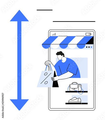 Person interacting with a smartphone to shop for products large blue arrow implies movement or growth. Ideal for e-commerce, retail, digital marketing, user experience, mobile apps, online shopping