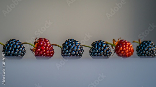 Several ripe blackberries grouped together, their rich dark hue standing out against a simple white backdrop