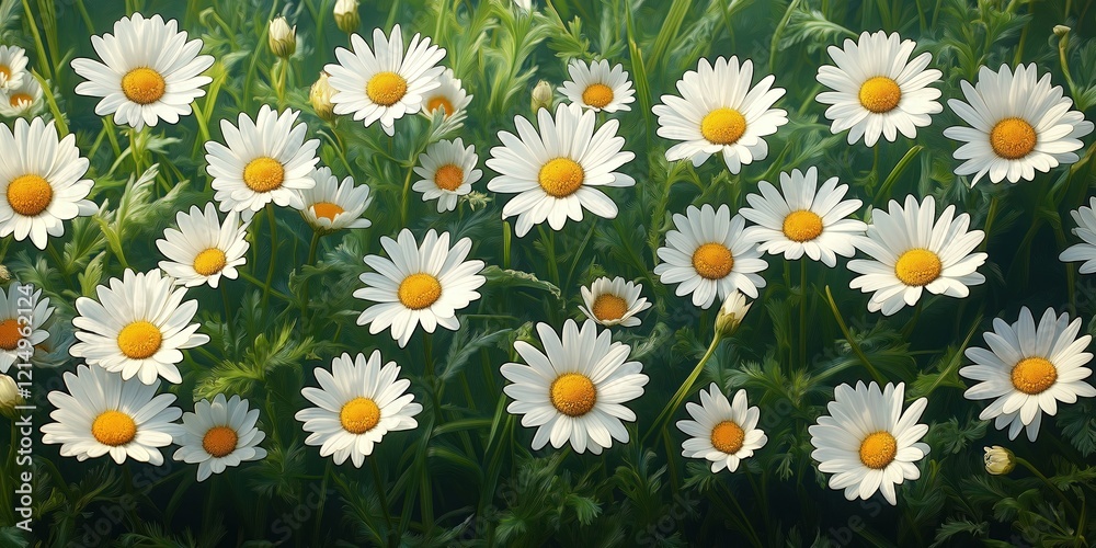 Beautiful seamless field background with many white daisies. Blooming flowers on green plants. Nature scene in spring summer. Ideal for wallpaper decoration. Vivid colors create visually attractive Beautiful seamless field background with many white daisies. Blooming flowers on green plants. Nature scene in spring summer. Ideal for wallpaper decoration. Vivid colors create visually attractive