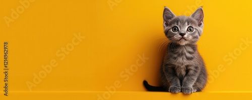 A cute, playful kitten sits against a vibrant yellow background, showcasing its curious expression and soft fur.
