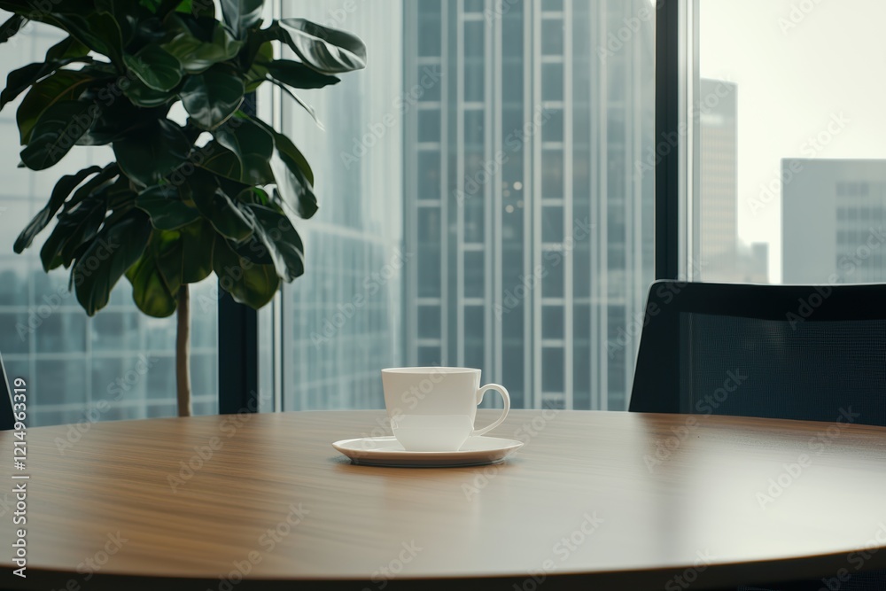 Obraz premium Minimalistic laptop on a wooden table, blank screen ready for design or content creation, blurred coworking space background