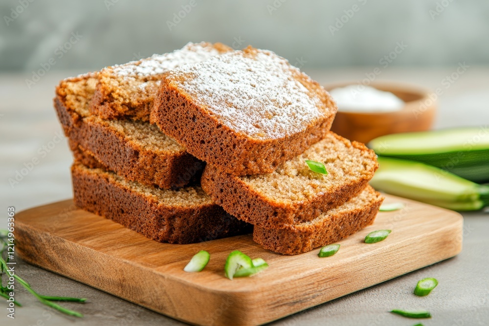 A stack of zucchini bread slices on a wooden cutting board, with a sprinkle of powdered sugar for decoration A stack of zucchini bread slices on a wooden cutting board, with a sprinkle of powdered sugar for decoration
