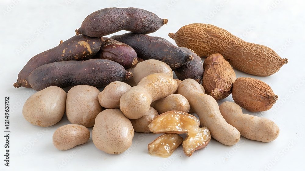 A variety of tamarind pods, with some exposing the pulp, placed on a white surface to emphasize the wrinkled texture of the pods and the sticky pulp A variety of tamarind pods, with some exposing the pulp, placed on a white surface to emphasize the wrinkled texture of the pods and the sticky pulp