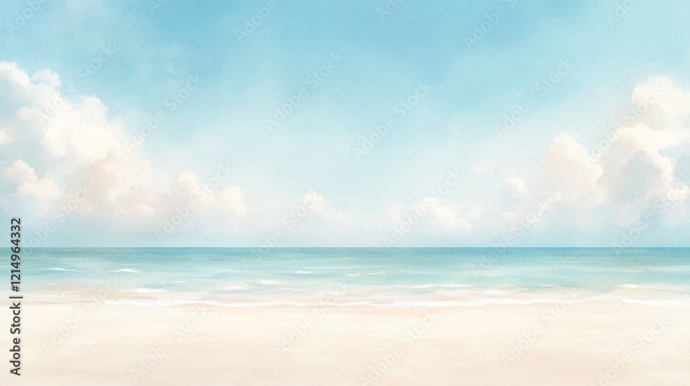 Serene beach with gentle waves and blue sky under fluffy clouds Serene beach with gentle waves and blue sky under fluffy clouds