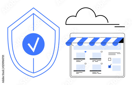Shield with checkmark, cloud, and storefront web page. Ideal for cybersecurity, data protection, online shopping security, trust, web authentication cloud storage privacy assurance. Abstract line