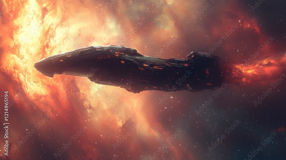 Fototapeta premium Dark Spaceship Soaring Through a Fiery Nebula