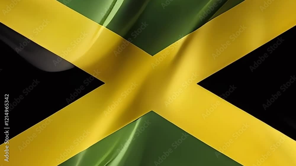 Jamaican Flag: A vibrant, waving Jamaican flag with its iconic green, black, and gold colors, showcasing the country's national pride and cultural identity.