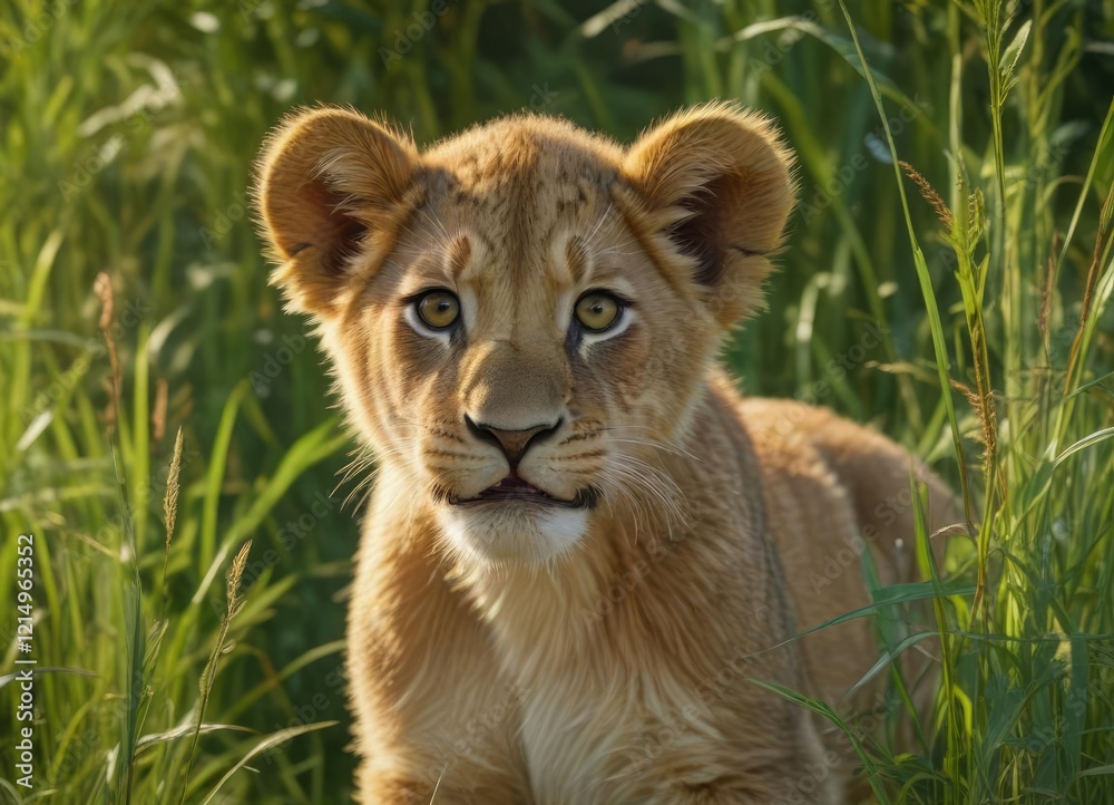 Obraz premium A lion cub with a mischievous grin and a tuft of fur on its head peeking out from behind the tall grass, curious, tall grass
