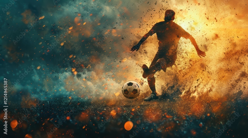 Naklejka premium A soccer player is captured mid-action during a rainy match, dribbling the ball with skill and intensity. The scene is highly dramatic, as rain pours down and droplets mix with flying mud and debris.