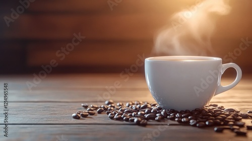 Steaming cup of coffee surrounded by scattered coffee beans on a rustic wooden table