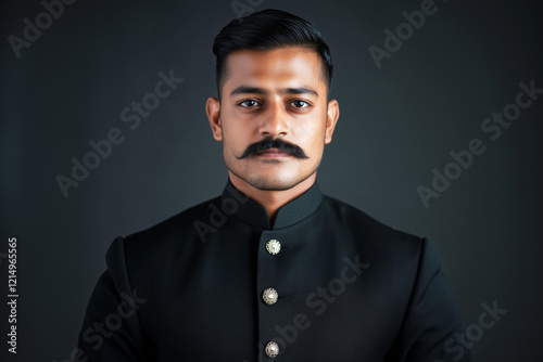 Portrait of a handsome Indian man with a moustache wearing a black traditional suit	