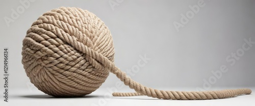 A large rope ball with a rope tail attached to the bottom on a white background, messy rope, entwined photo