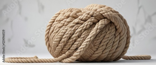 A large rope ball with a rope tail attached to the bottom on a white background, wrapped, rope tail, entwined photo