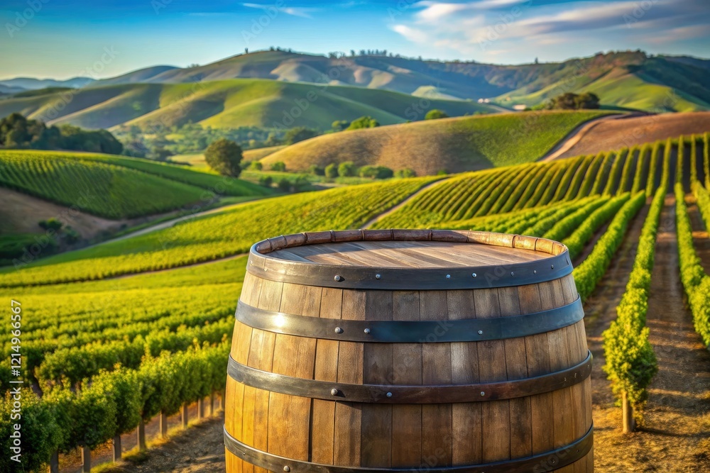 A large old wine barrel placed in the center of a vineyard with rolling hills in the background, countryside view, rustic decoration, vintage item, natural scenery A large old wine barrel placed in the center of a vineyard with rolling hills in the background, countryside view, rustic decoration, vintage item, natural scenery