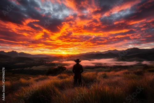 A vibrant sunrise over the Valley of a Thousand Hills, with a silhouette of a Zulu warrior on a ridge photo