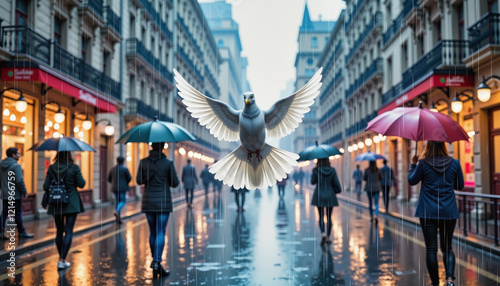 Peace dove soaring above urban street in rain at dusk, symbol of hope, International Women's Day, blurred background