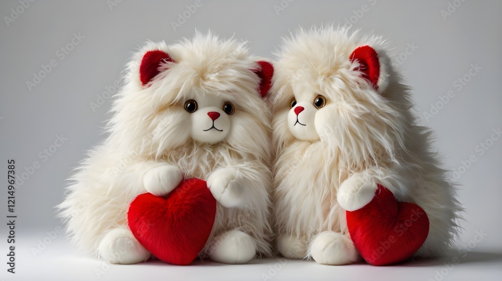 two fluffy plush toys holding a red heart on white background two fluffy plush toys holding a red heart on white background