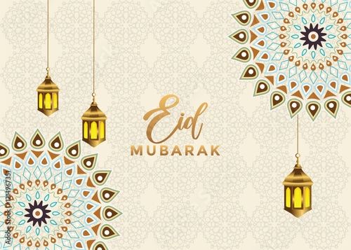 Eid Mubarak banner celebrating Ramadan, Raya Hari, Eid al-Fitr, Eid al-Adha, and Isra Miraj. Features a mosque with metal lantern, stars, mandala elegant typography.