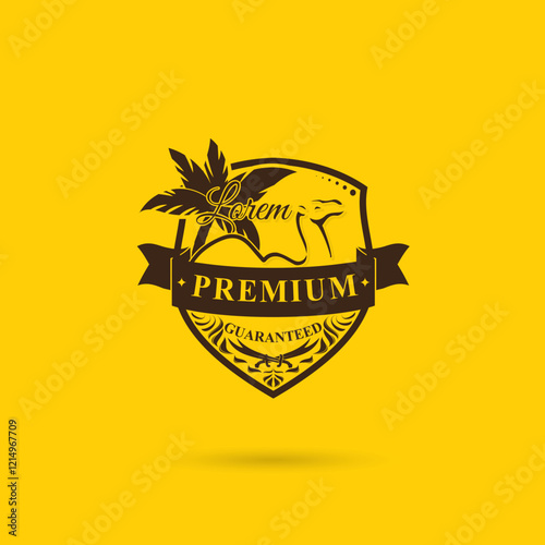 Camel logo, sign vector, Brand logo in the shape of a camel and coconut tree, PREMIUM QUALITY GUARANTEED Badge Vector,  High Quality Vintage Badges, Premium Quality Badge logo design element