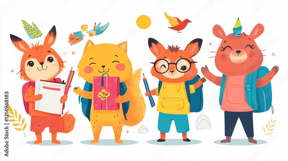 Fototapeta premium Funny Cute Animals Students with Supplies Wide Angle