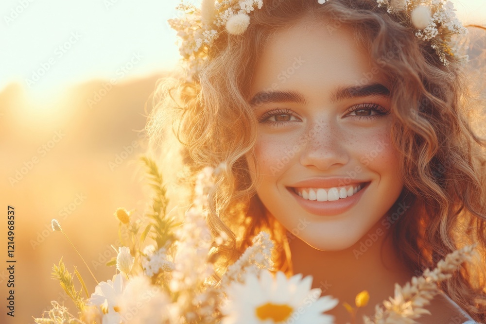 Fototapeta premium A young woman smiling radiantly while holding a bouquet of wildflowers in an open meadow