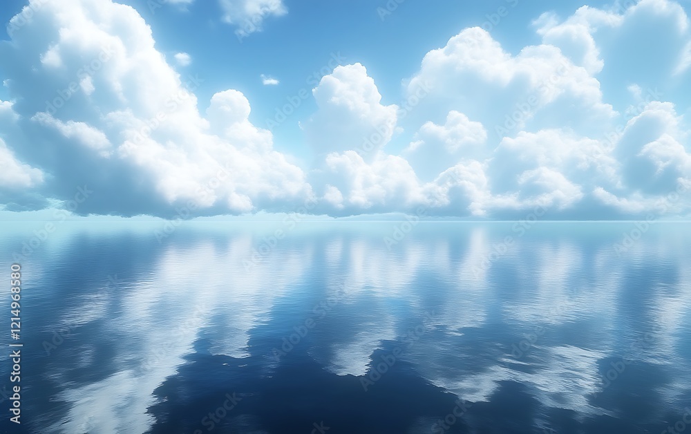 Fototapeta premium Calm ocean reflecting bright sky and fluffy clouds.