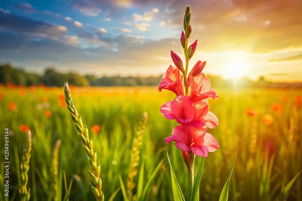 Gladiolus Flower in Summer Breeze - Drone Aerial View Gladiolus Flower in Summer Breeze - Drone Aerial View