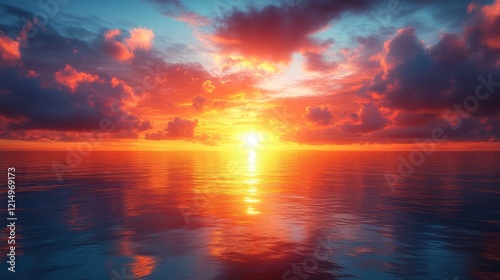 Breathtaking ocean sunset with vibrant clouds reflecting on water horizon