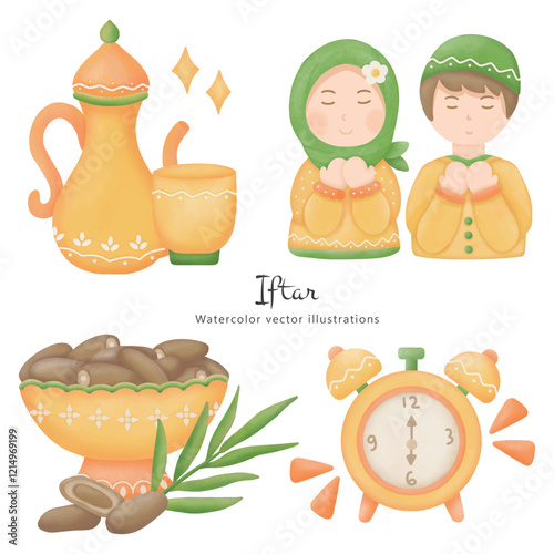 Ramadan kareem moslem iftar with dates fruit illustration